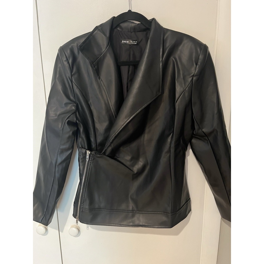 Shein Black Faux‎ Leather Moto Jacket Womens Size Small Side Zip